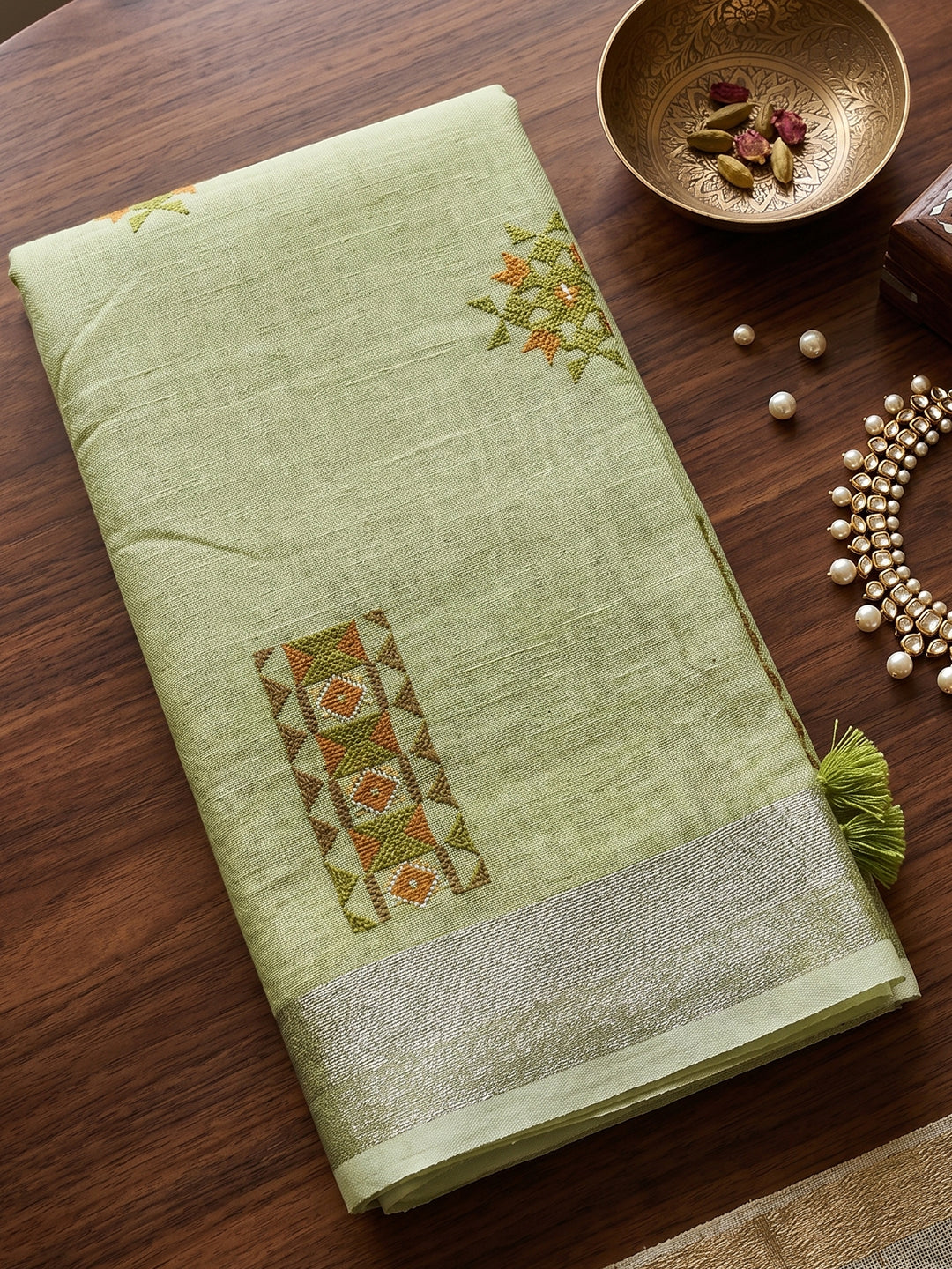 Sutriti Women Light Green Linen Saree with Floral Embroidery Border & Tassels