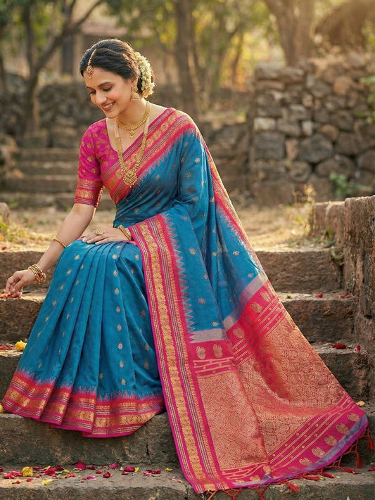 Sutriti Graceful Blue Banarasi Silk Saree with Golden Zari Woven Border & Floral Jaal – Wedding & Festive Wear