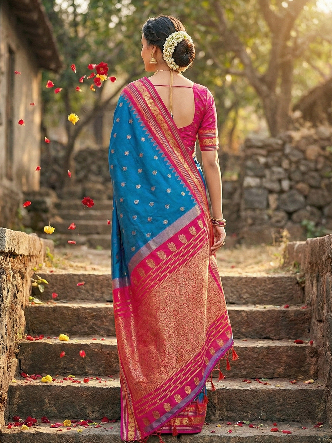 Sutriti Graceful Blue Banarasi Silk Saree with Golden Zari Woven Border & Floral Jaal – Wedding & Festive Wear