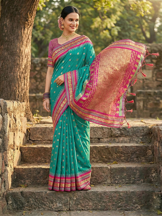 Sutriti Graceful Sea Green Banarasi Silk Saree with Golden Zari Woven Border & Floral Jaal – Wedding & Festive Wear