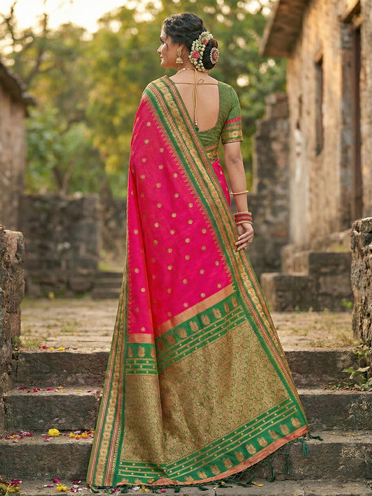 Sutriti Graceful Pink Banarasi Silk Saree with Golden Zari Woven Border & Floral Jaal – Wedding & Festive Wear