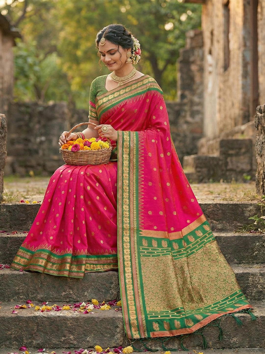 Sutriti Graceful Pink Banarasi Silk Saree with Golden Zari Woven Border & Floral Jaal – Wedding & Festive Wear