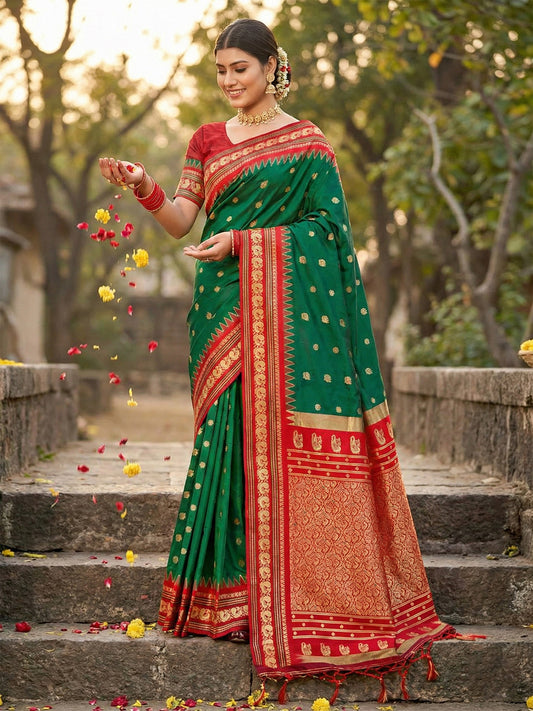 Sutriti Graceful Green Banarasi Silk Saree with Golden Zari Woven Border & Floral Jaal – Wedding & Festive Wear