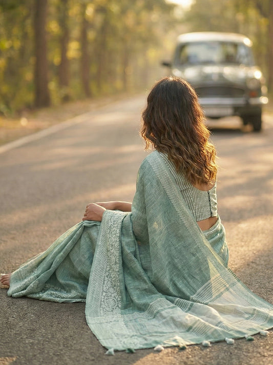 Sutriti Women Teal Green & Silver-Toned Woven Design Linen Blend Saree