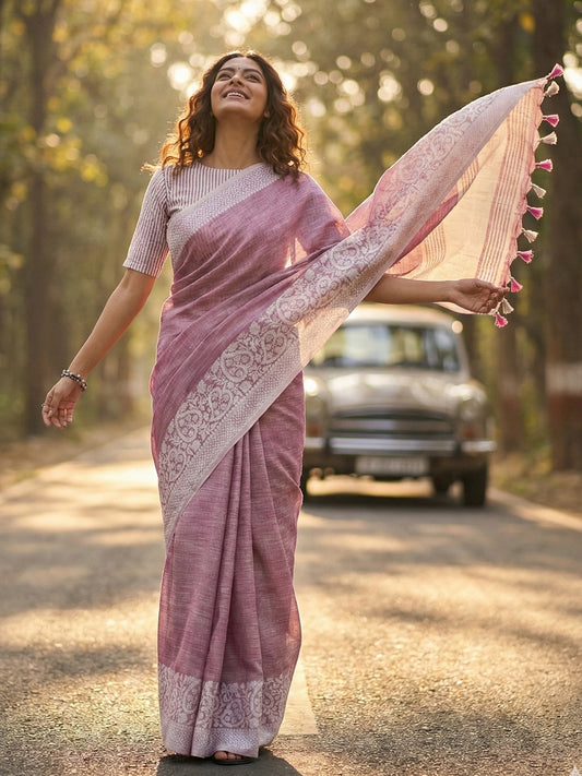 Sutriti Women Mauve Purple & Silver-Toned Woven Design Linen Blend Saree