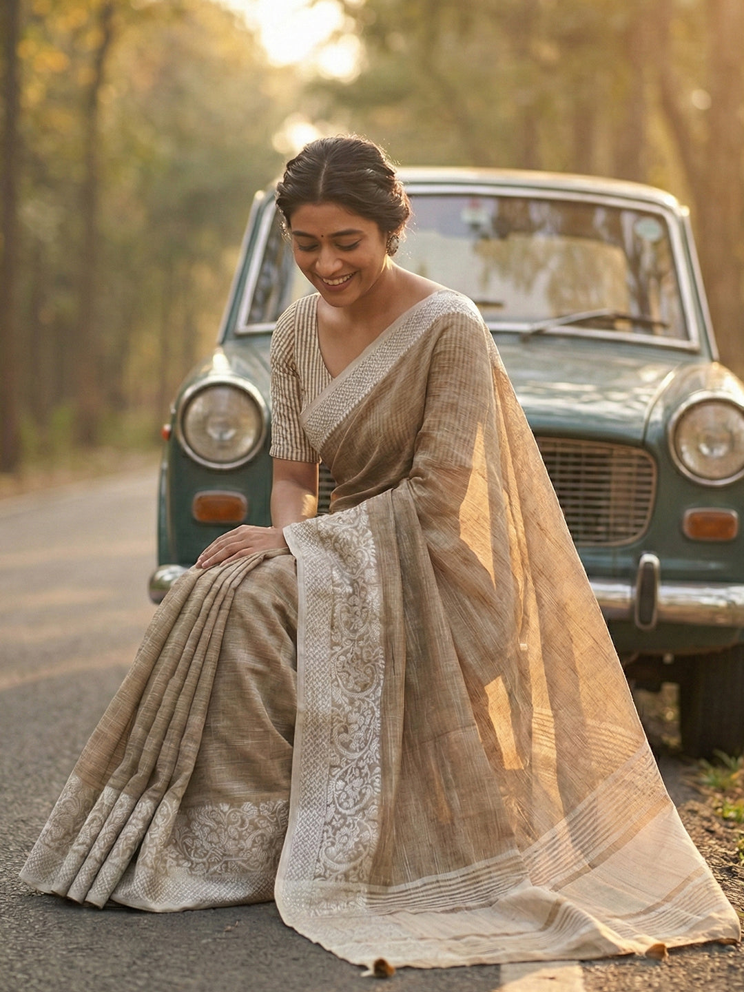 Sutriti Women Beige & Silver-Toned Woven Design Linen Blend Saree