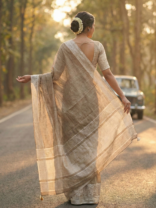 Sutriti Women Beige & Silver-Toned Woven Design Linen Blend Saree