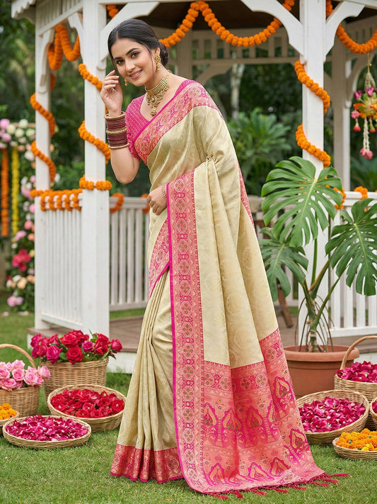 Sutriti Elegant Cream & Hot Pink Soft Silk Kanjivaram Style Saree with Rich Zari Border & Paisley Pallu