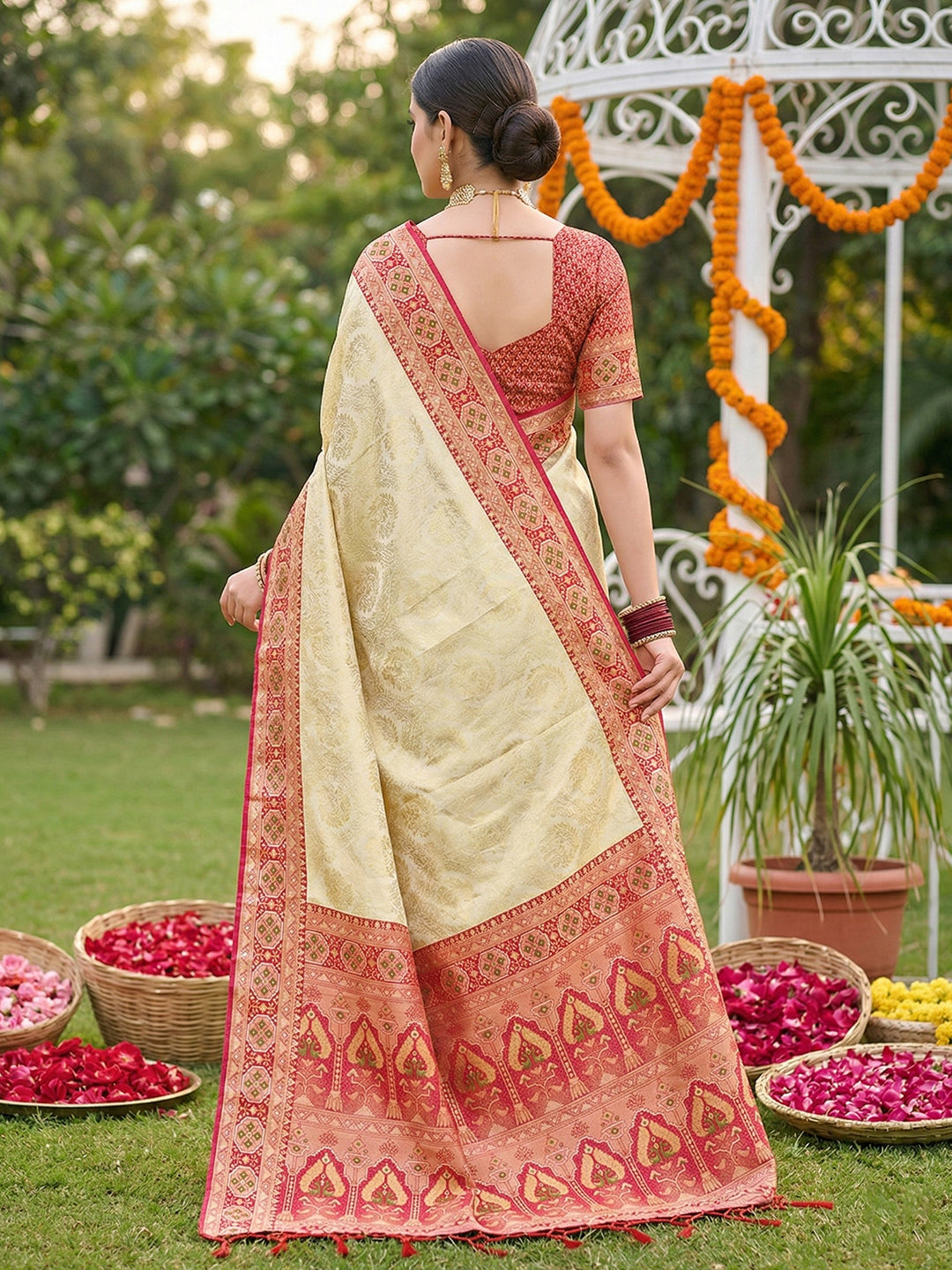 Sutriti Elegant Cream & Red Soft Silk Kanjivaram Style Saree with Rich Zari Border & Paisley Pallu