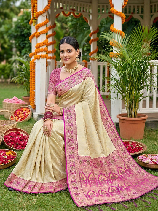 Sutriti Elegant Cream & Magenta Soft Silk Kanjivaram Style Saree with Rich Zari Border & Paisley Pallu