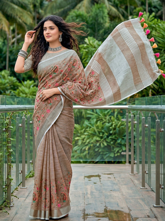 Sutriti Women Premium Linen Saree with Placement Embroidery and Tassel Pallu