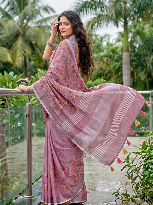 Sutriti Women Premium Linen Saree with Placement Embroidery and Tassel Pallu