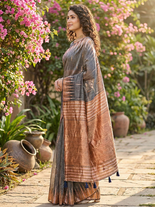 Sutriti charcoal grey tissue silk rose gold zari striped pallu wedding saree rose gold collection