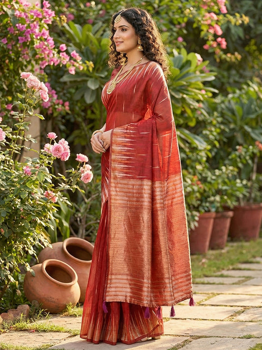 Sutriti crimson red tissue silk rose gold zari striped pallu wedding saree rose gold collection