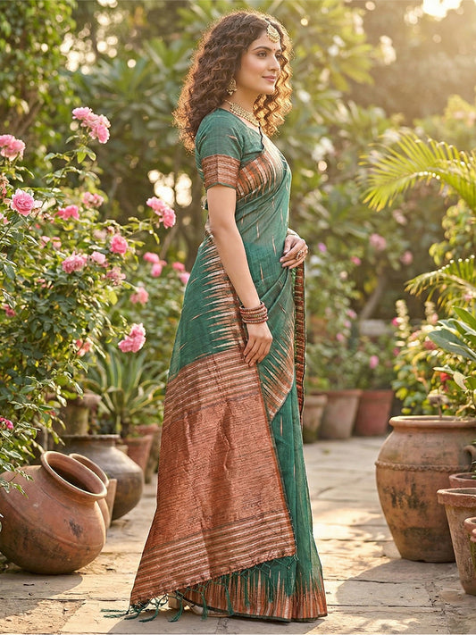 Sutriti emerald green tissue silk rose gold zari striped pallu wedding saree rose gold collection