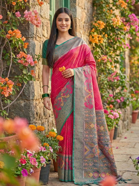 Rani pink woven saree with grey teal contrast border and rich pallu for women