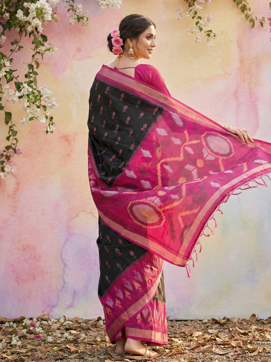Black woven saree for women with magenta contrast border and tassel pallu party wear