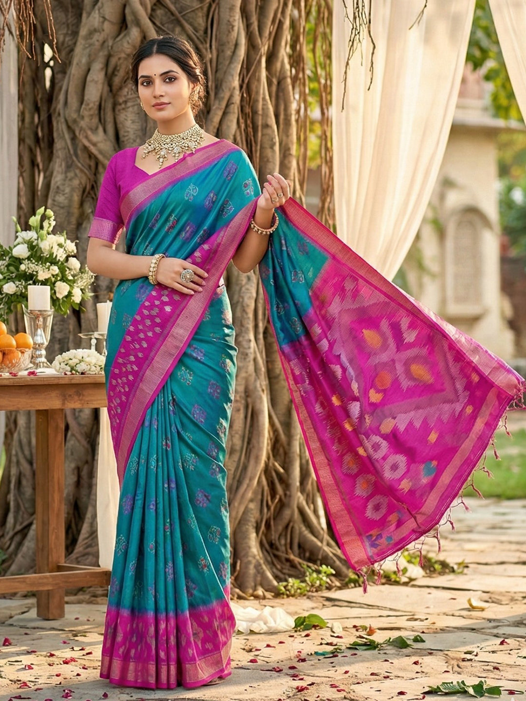 Sutriti Teal Blue Pochampalli Silk Saree | Elegant Traditional Wedding & Festive Wear Saree
