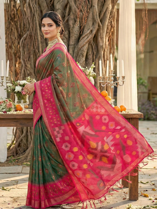 Sutriti Olive Green Pochampalli Silk Saree | Elegant Traditional Wedding & Festive Wear Saree