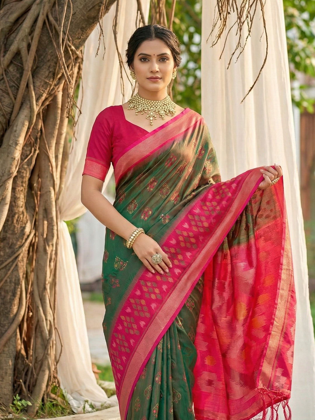 Sutriti Olive Green Pochampalli Silk Saree | Elegant Traditional Wedding & Festive Wear Saree