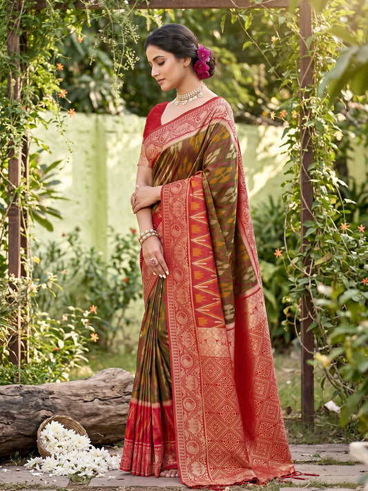 Sutriti Mhendi Green Pochampalli Silk Saree | Elegant Traditional Wedding & Festive Wear Saree