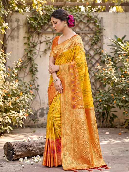 Sutriti Yellow Pochampalli Silk Saree | Elegant Traditional Wedding & Festive Wear Saree