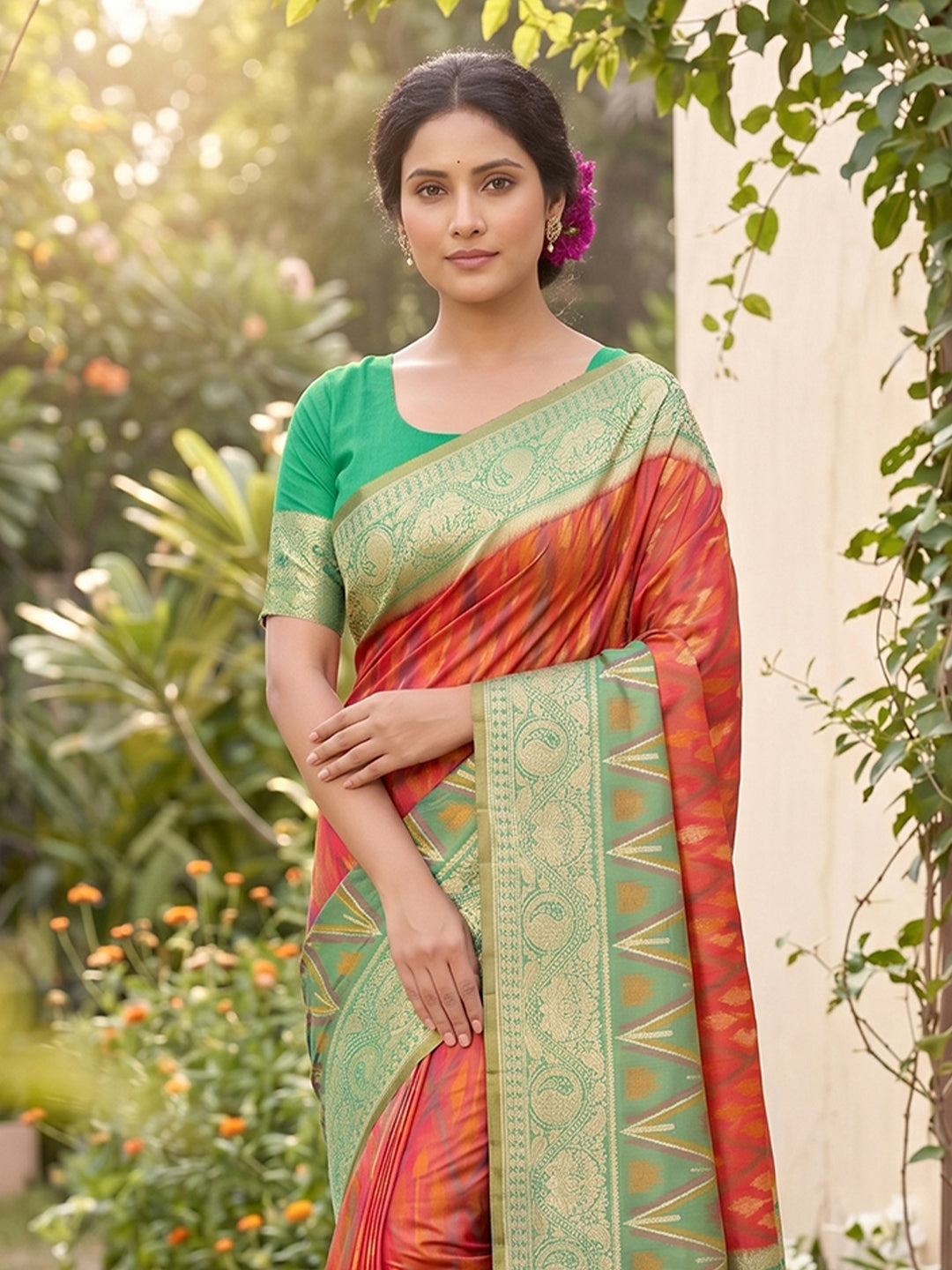 Sutriti Orange Pochampalli Silk Saree | Elegant Traditional Wedding & Festive Wear Saree