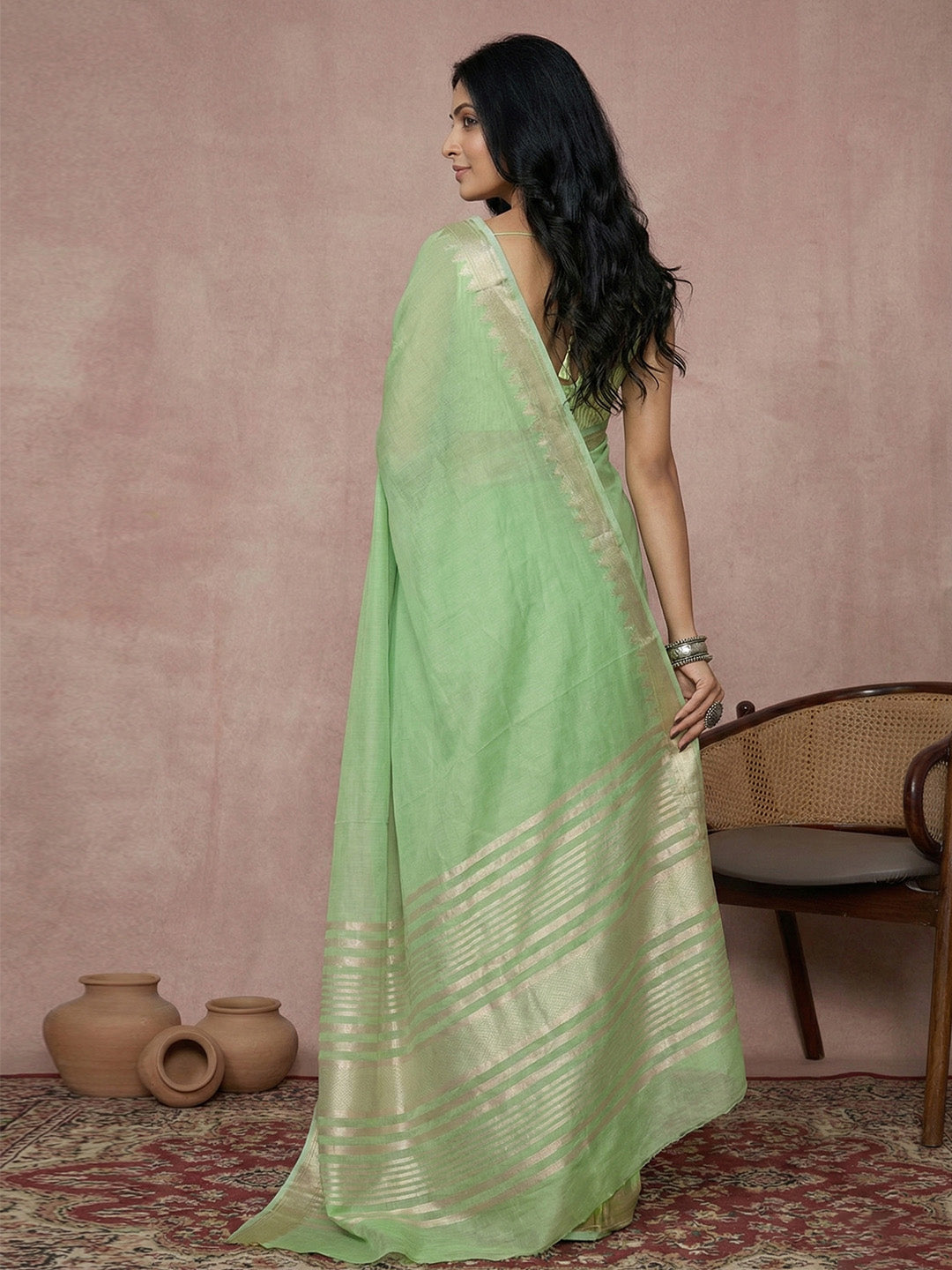 Sutriti Women's Parrot Green Pure Linen Saree with Zari Border & Blouse Piece | Breathable Fabric | Casual & Office Wear