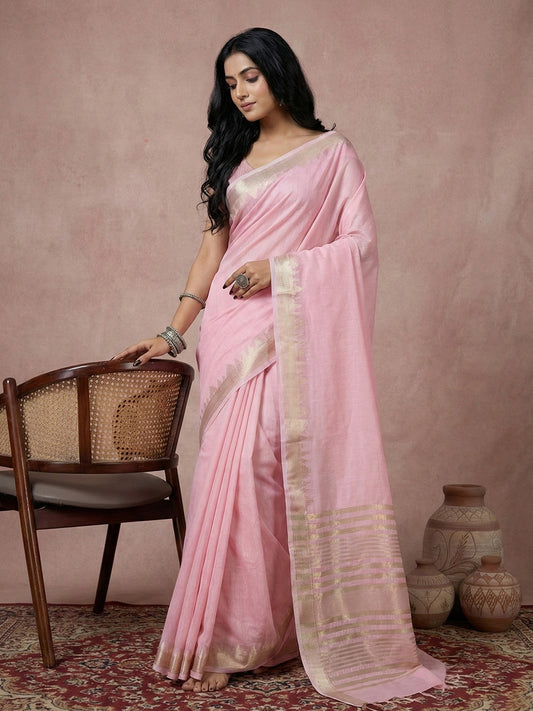 Sutriti baby pink tissue silk gold zari border wedding saree minimal border collection