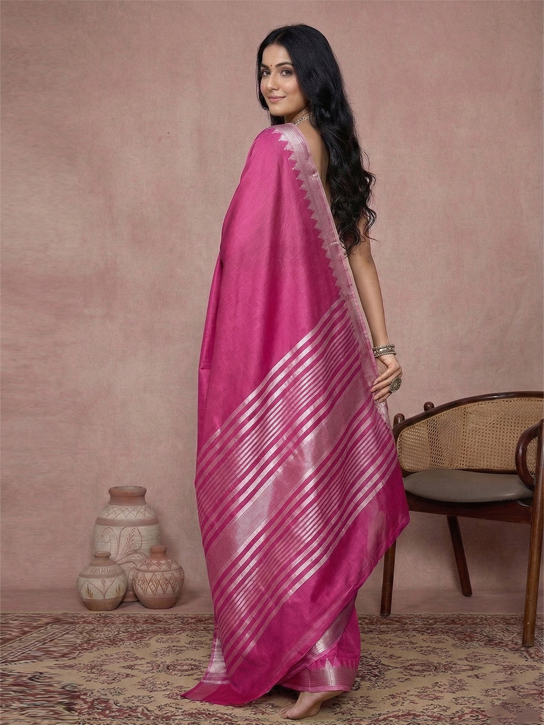 Sutriti Women's Magenta Pure Linen Saree with Gold Zari Border & Blouse Piece | Elegant, Lightweight | Festive & Daily Wear