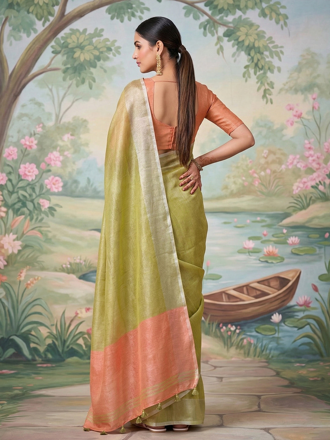 Sutriti Mehendi Green Tissue Silk Saree for Women Festive Wedding PSofty Ethnic Wear