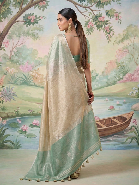 Sutriti Beige Gold Tissue Silk Saree for Women Festive Wedding PSofty Ethnic Wear