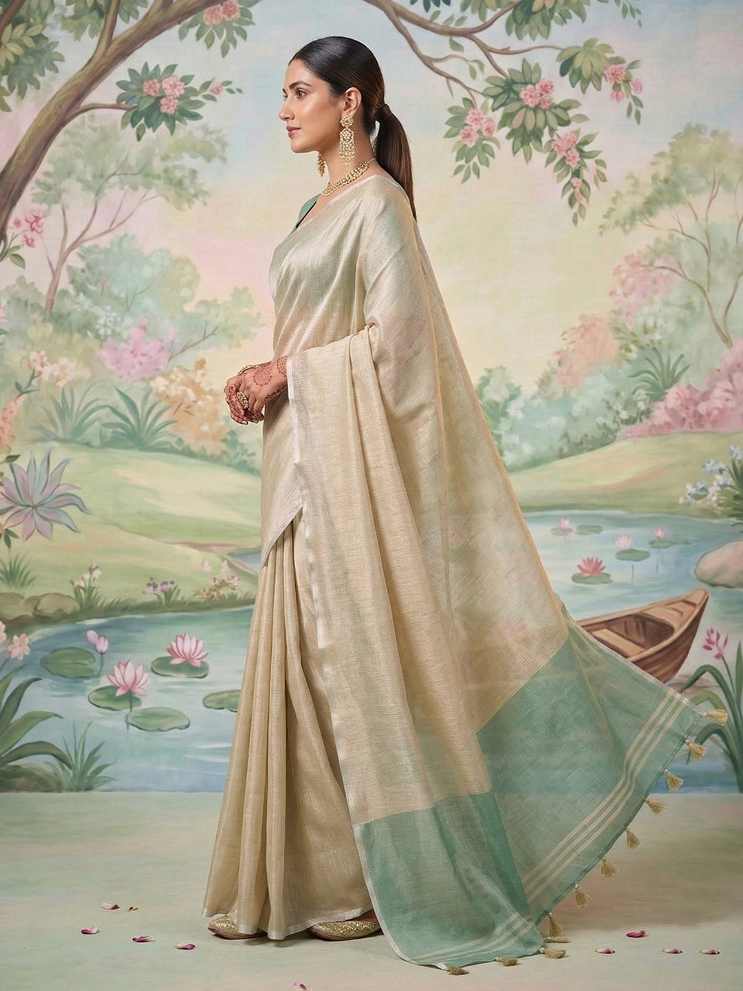 Sutriti Beige Gold Tissue Silk Saree for Women Festive Wedding PSofty Ethnic Wear