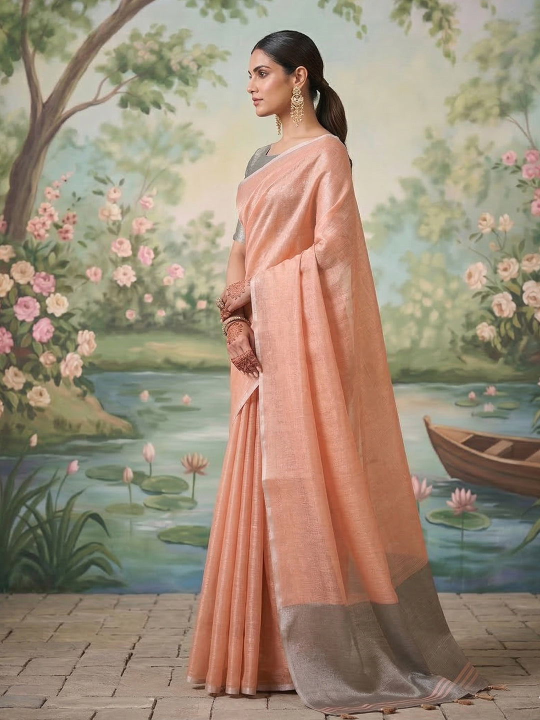 Sutriti Peach Tissue Silk Saree for Women Festive Wedding PSofty Ethnic Wear