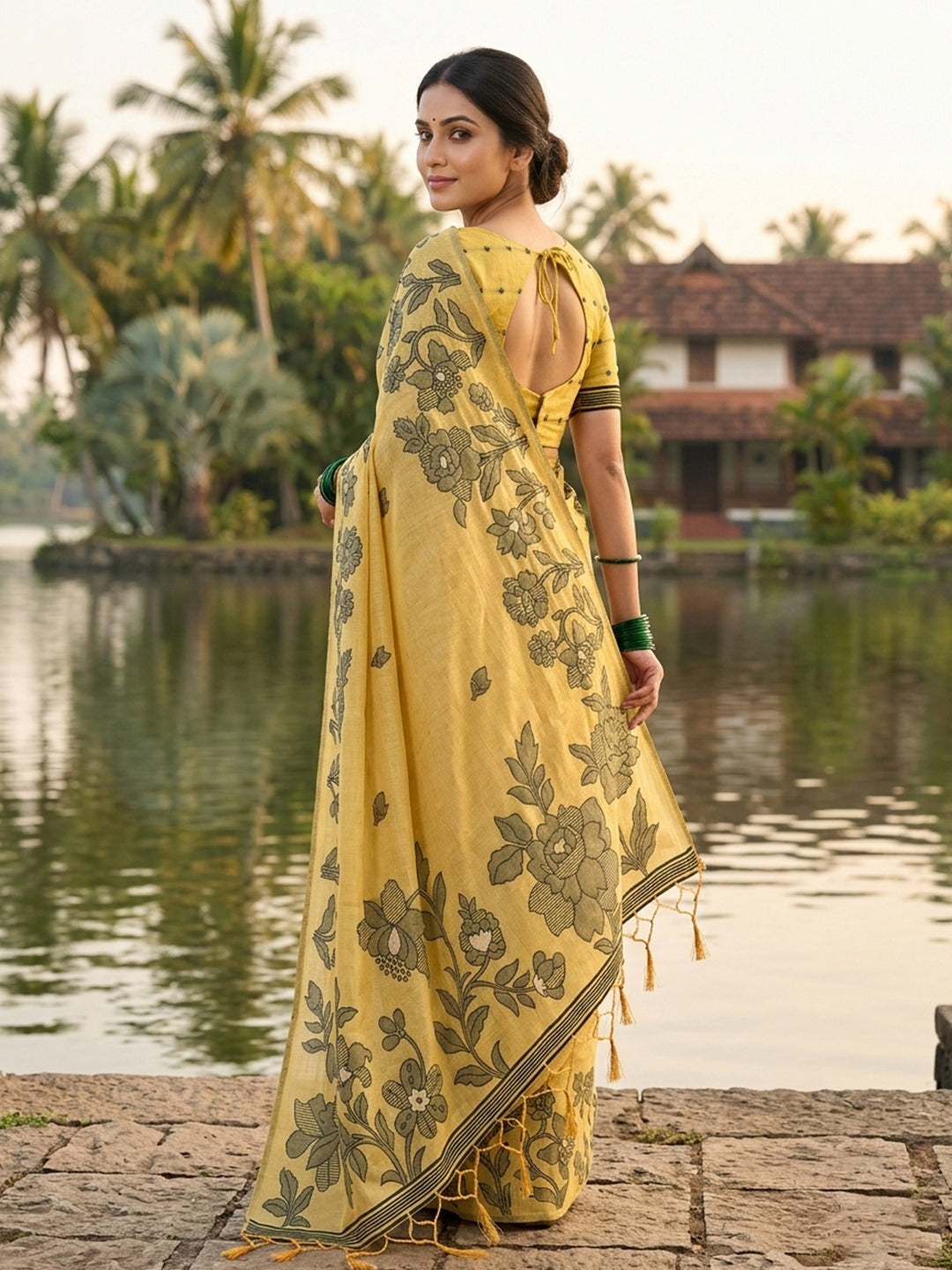 SUTRITI Yellow Floral Printed Saree for Women | Soft Lightweight Day-to-Night Saree | Elegant Border & Pallu Floral Design | Includes Unstitched Blouse Piece
