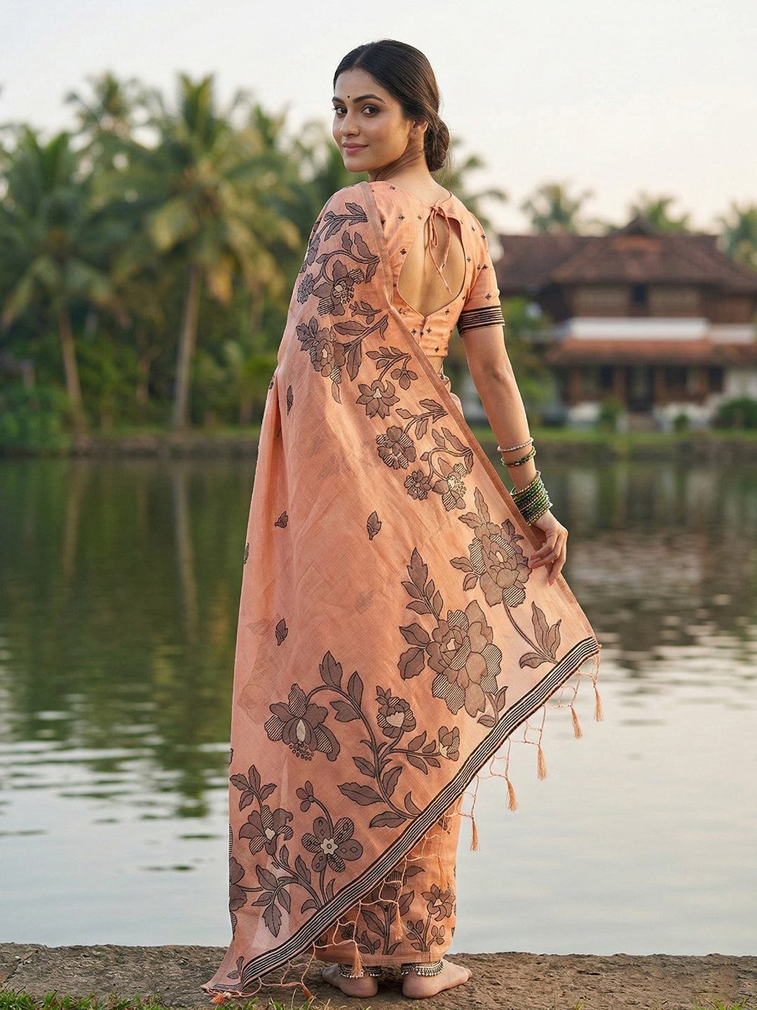 SUTRITI Peach Floral Printed Saree for Women | Soft Lightweight Day-to-Night Saree | Elegant Border & Pallu Floral Design | Includes Unstitched Blouse Piece