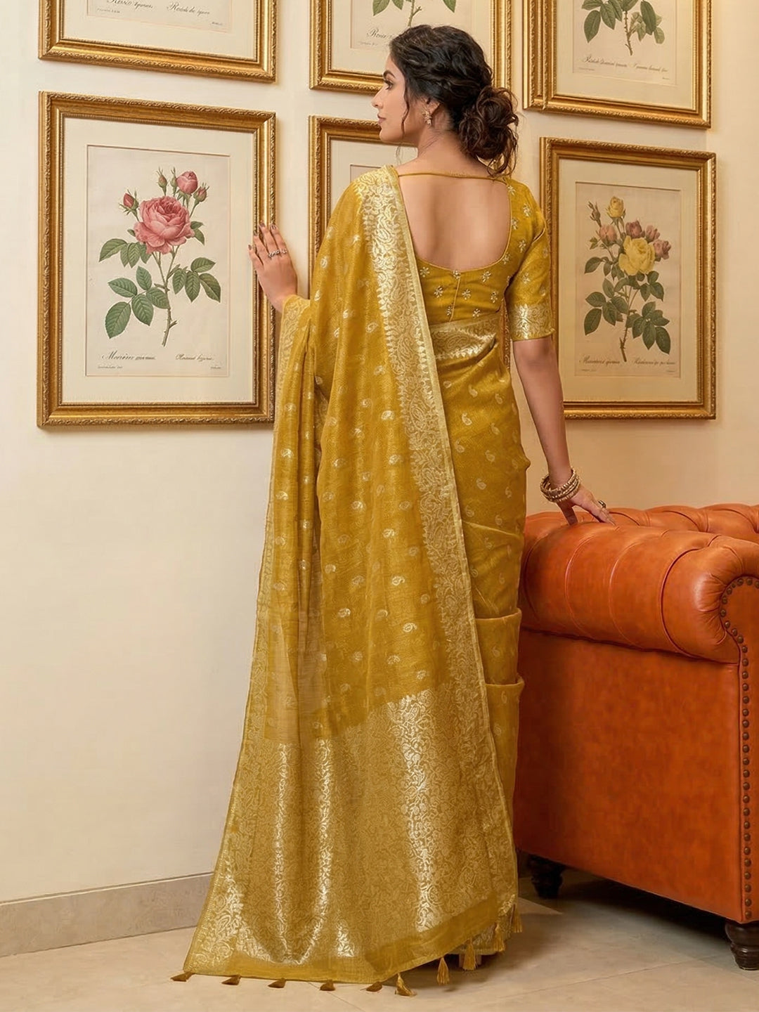 Sutriti Mustard Tissue Silk Saree for Women Festive Wedding PSofty Ethnic Wear