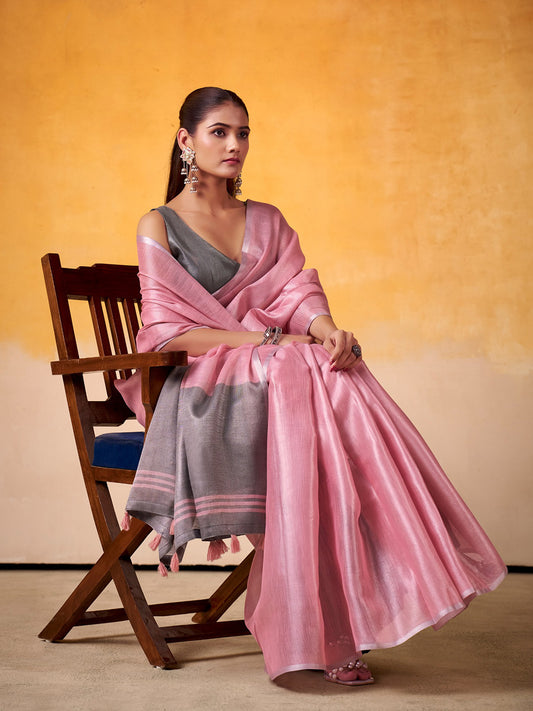 Sutriti Women Pink & Silver-Toned Solid Tissue Linen Saree with Zari Border