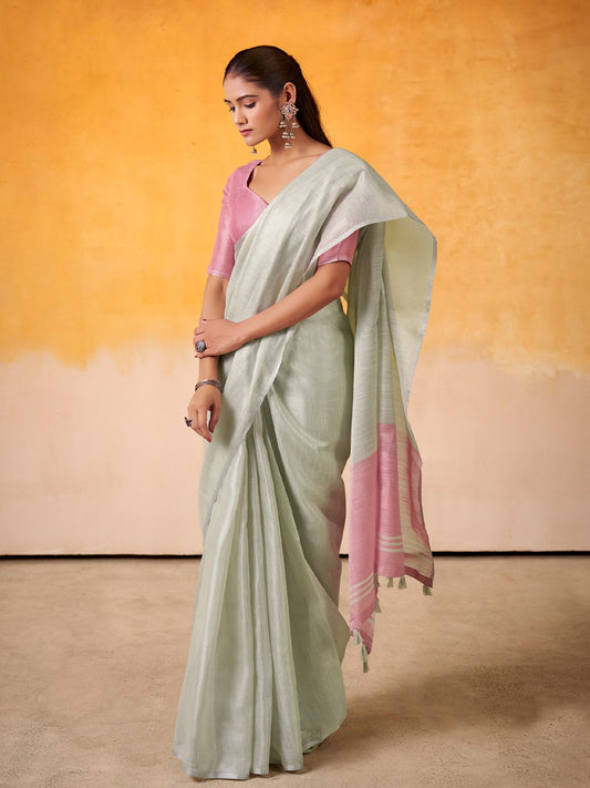Sutriti Women Mint Green & Pink Solid Tissue Linen Saree with Zari Border