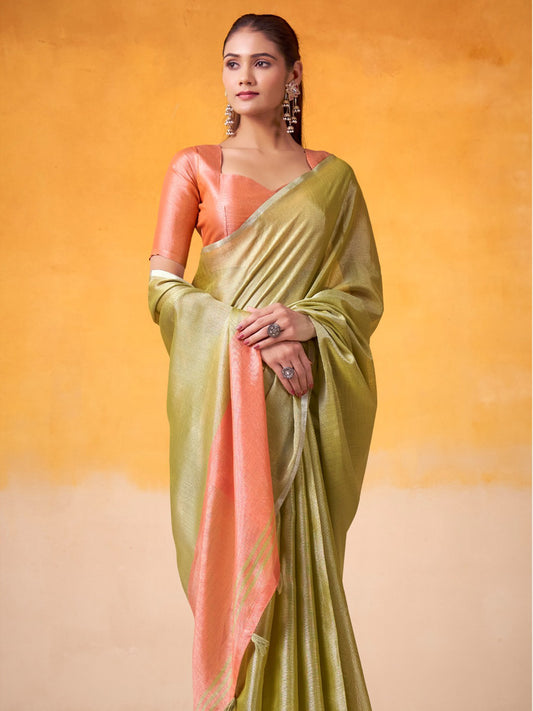 Sutriti Women Lime Green & Peach-Coloured Solid Tissue Linen Saree with Zari Border