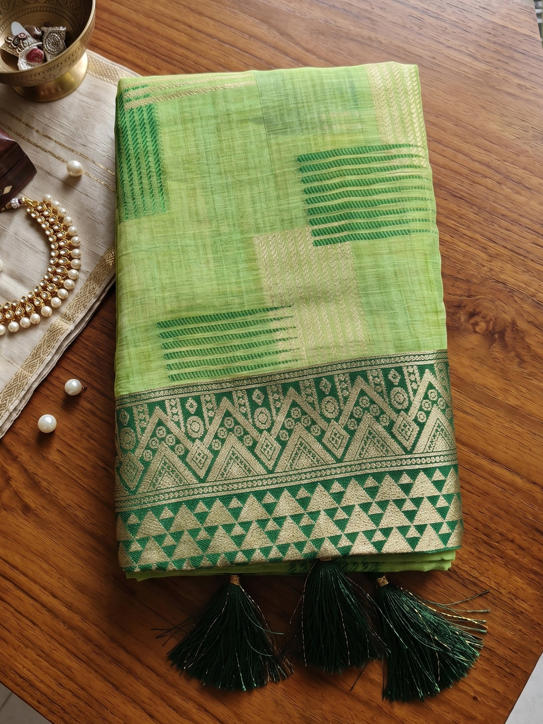 Sutriti Light Green Pure Cotton Saree For Women | Dark Green Border Festive Party Wear