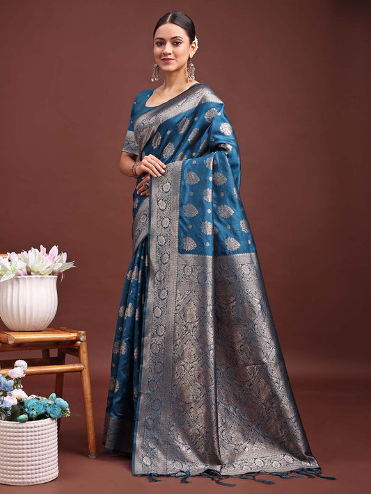 Sutriti Steel Blue Soft Silk Saree with Silver Zari Floral Motifs