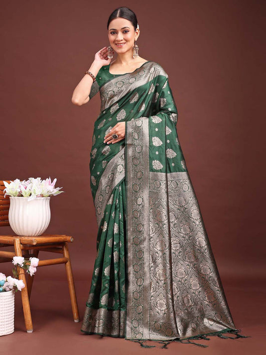 Sutriti Forest Green Woven Soft Silk Saree with Rich Silver Zari