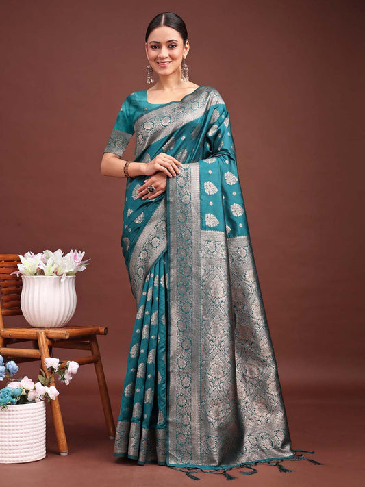 Sutriti Peacock Teal Green Soft Silk Saree with Zari Weaving