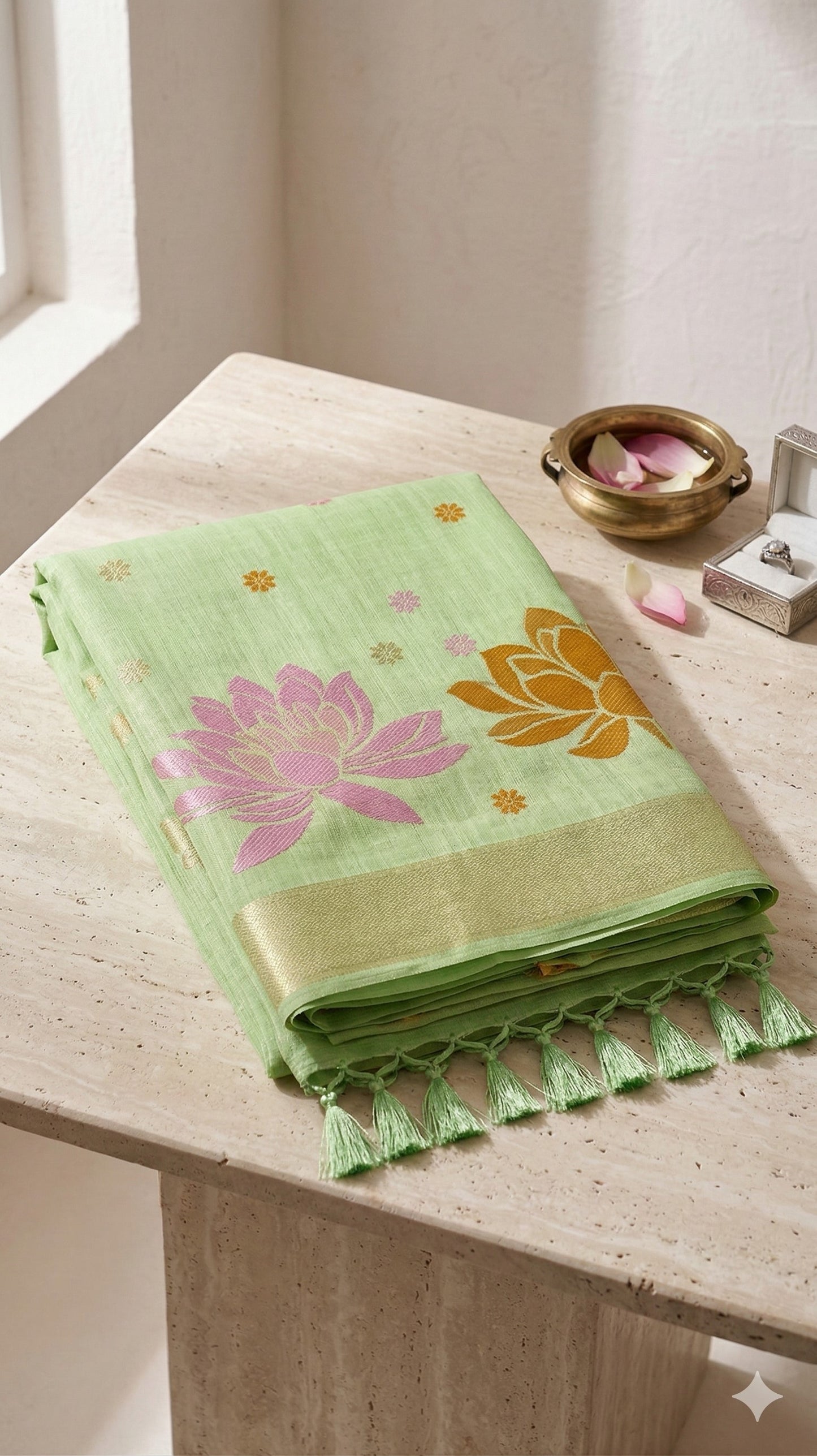 Sutriti Women Pista Green & Gold Floral Printed Linen Silk Blend Saree
