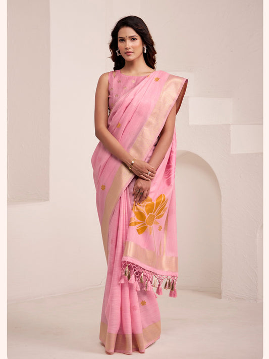 Sutriti baby pink tissue silk floral print wedding saree bloom print collection