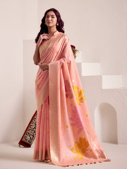 Sutriti Women Peach & Yellow Floral Printed Linen Silk Blend Saree