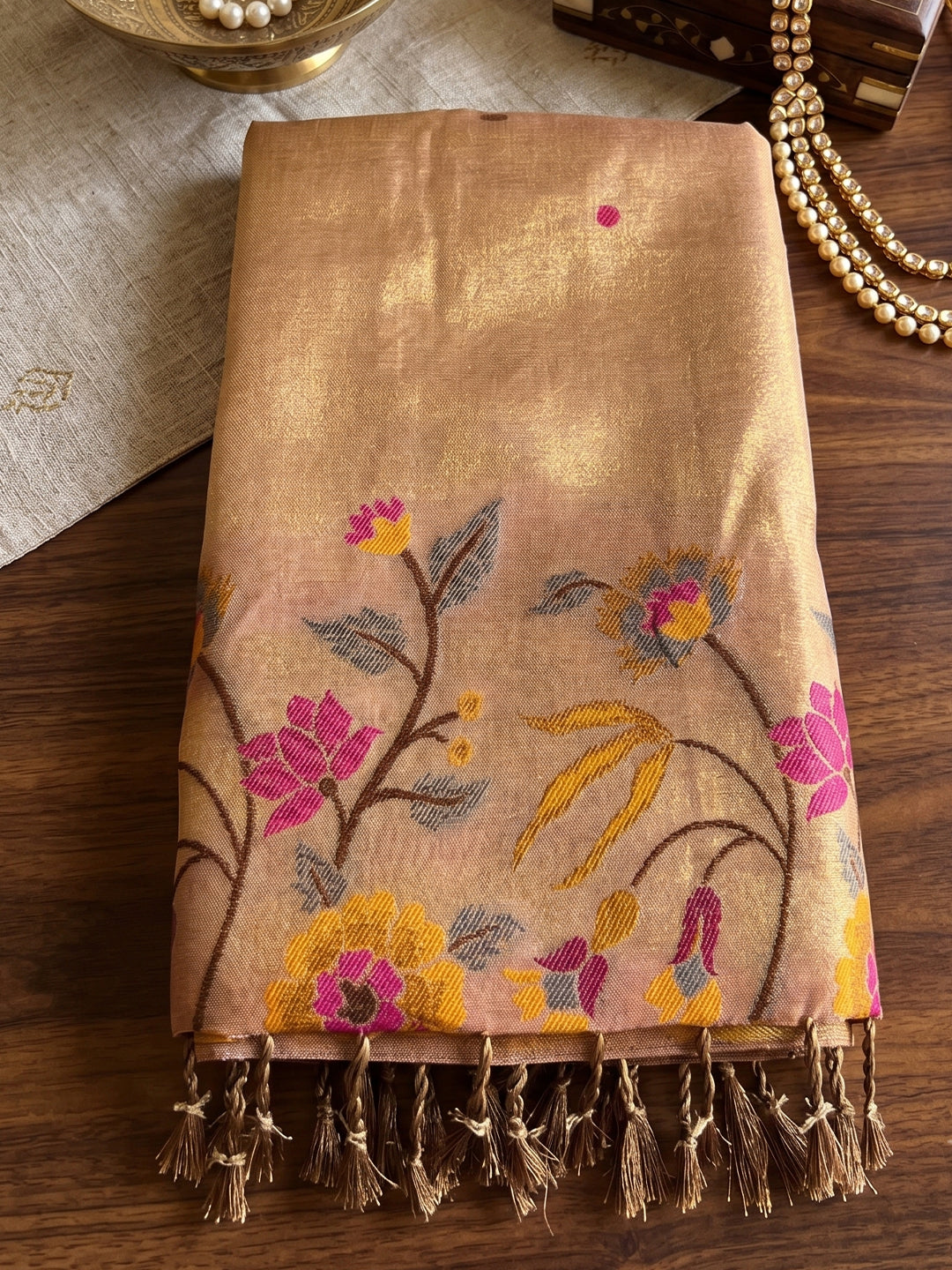 Sutriti Beige Tissue Silk Saree | Floral Embroidered Festive & Wedding Ethnic Wear For Women