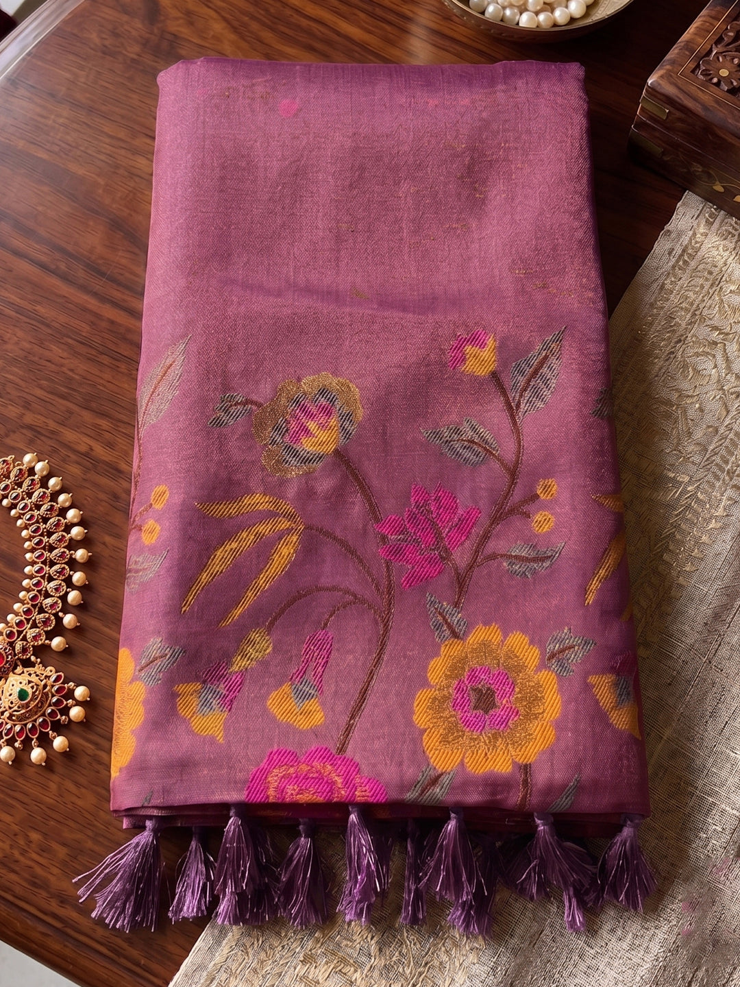 Sutriti Purple Floral Embroidered Tissue Silk Saree | Women Elegant Evening & Party Wear Drape