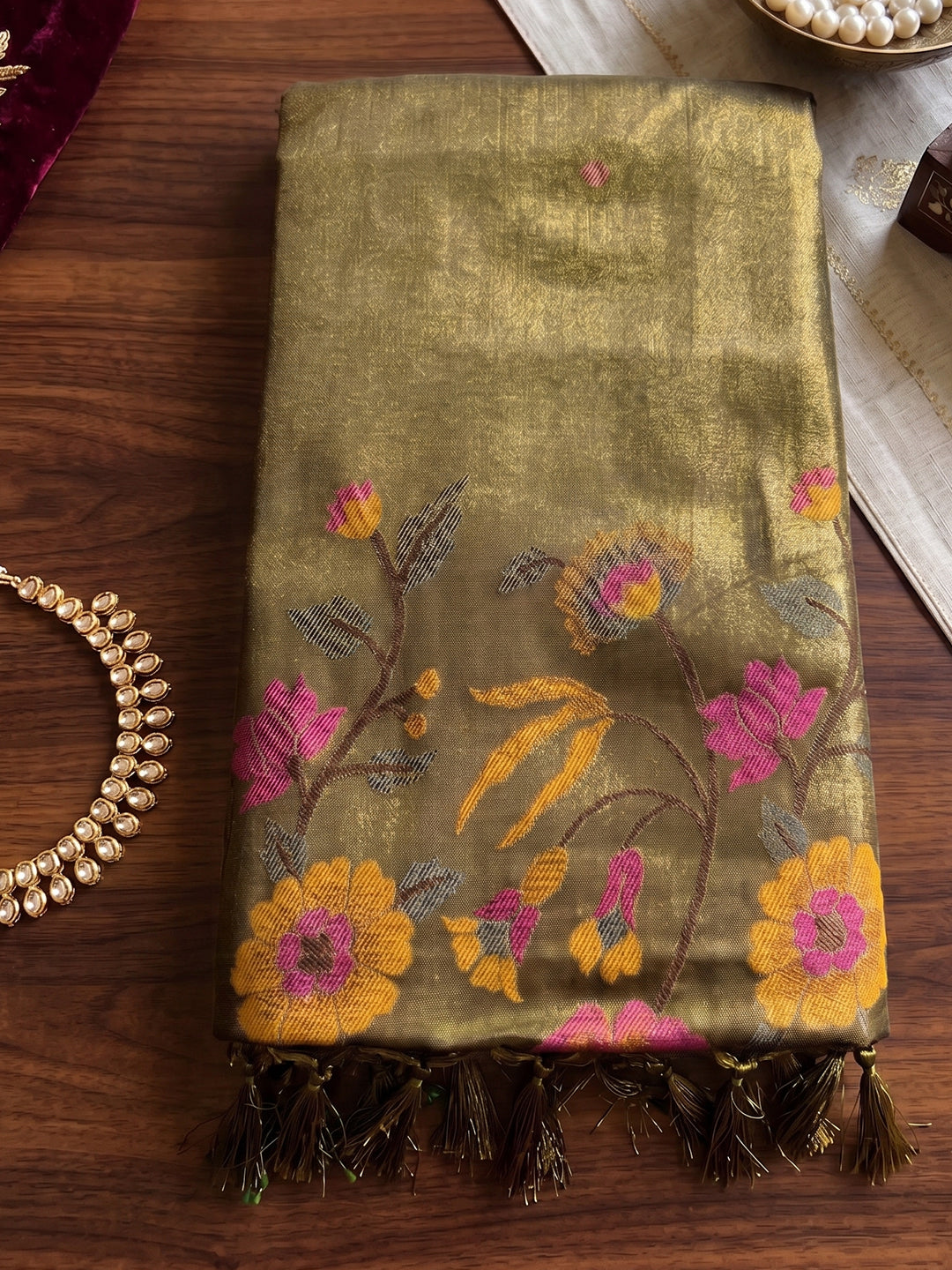 Sutriti Olive Green Tissue Silk Saree | Exquisite Floral Border Traditional Party Wear For Women